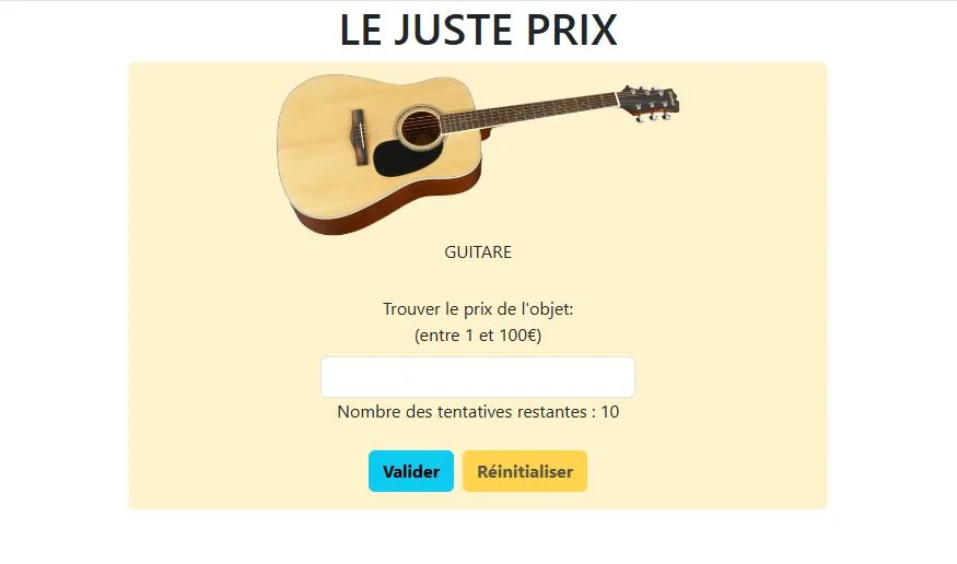 Capture d'écran du jeu du juste prix réalisé en HTML, CSS et JavaScript