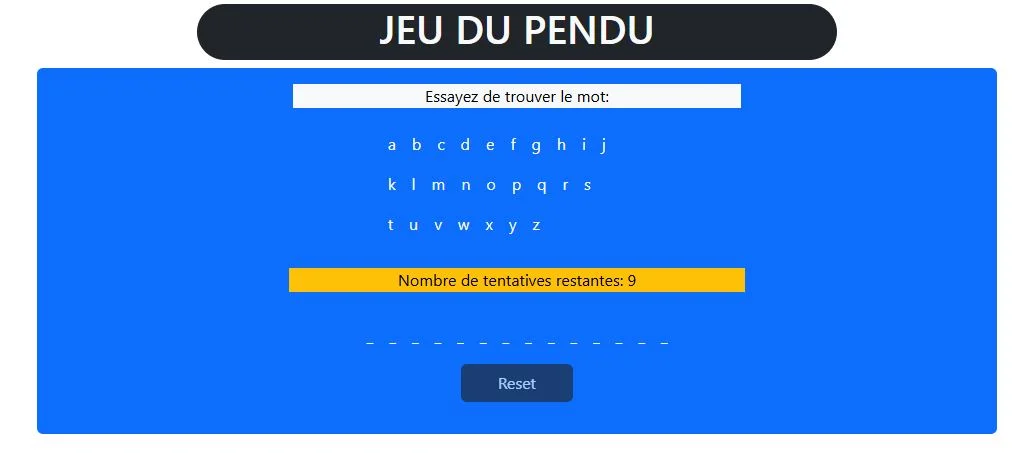 Capture d'écran du jeu du pendu réalisé en HTML, CSS et JavaScript