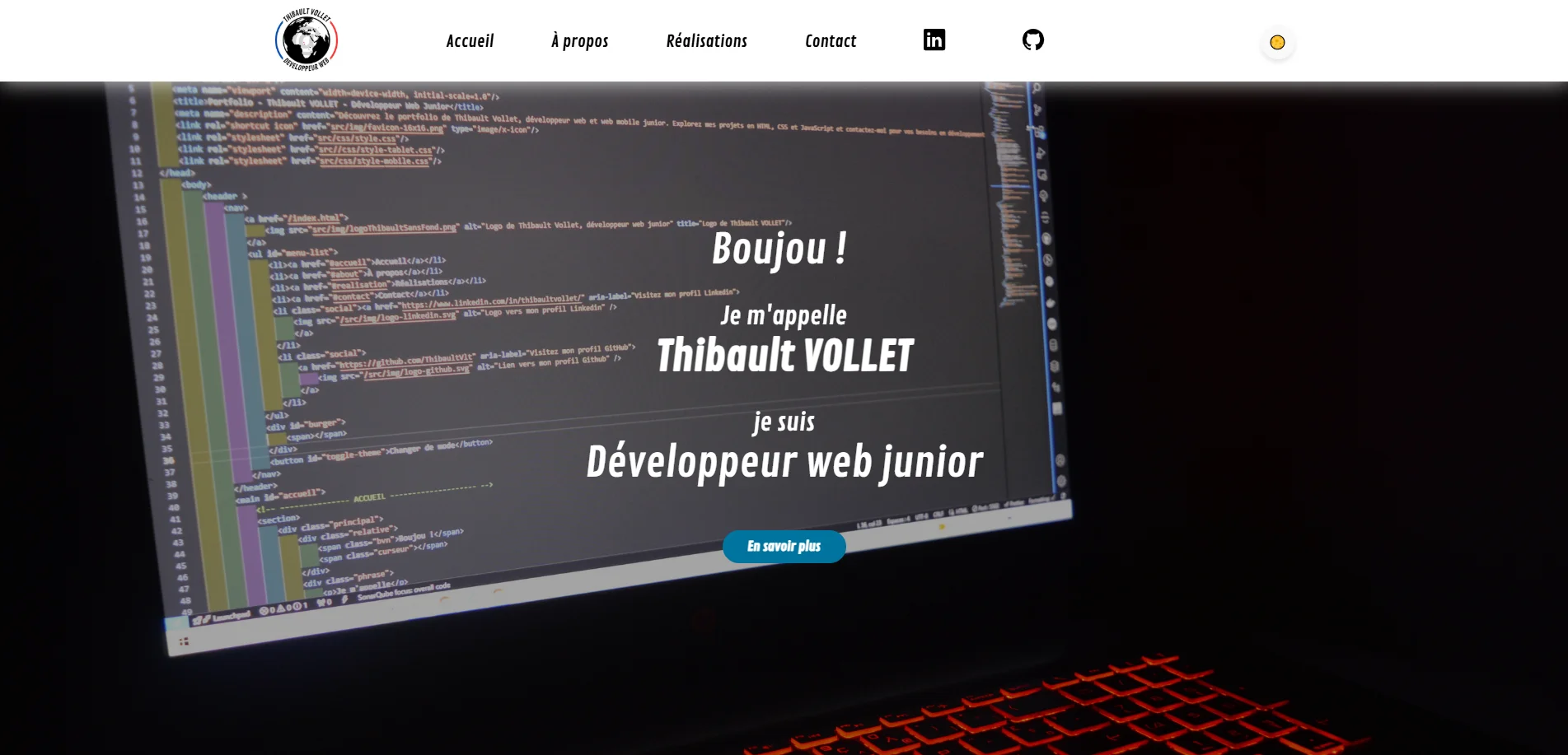 Capture d'écran du portfolio que lequel vous êtes réalisé en HTML, CSS et JavaScript